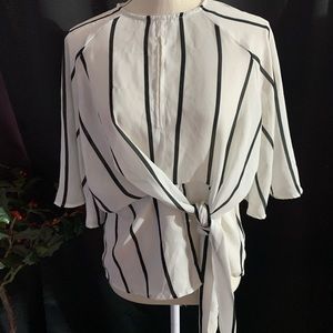 True Destiny Black White Striped Wrap Style Blouse